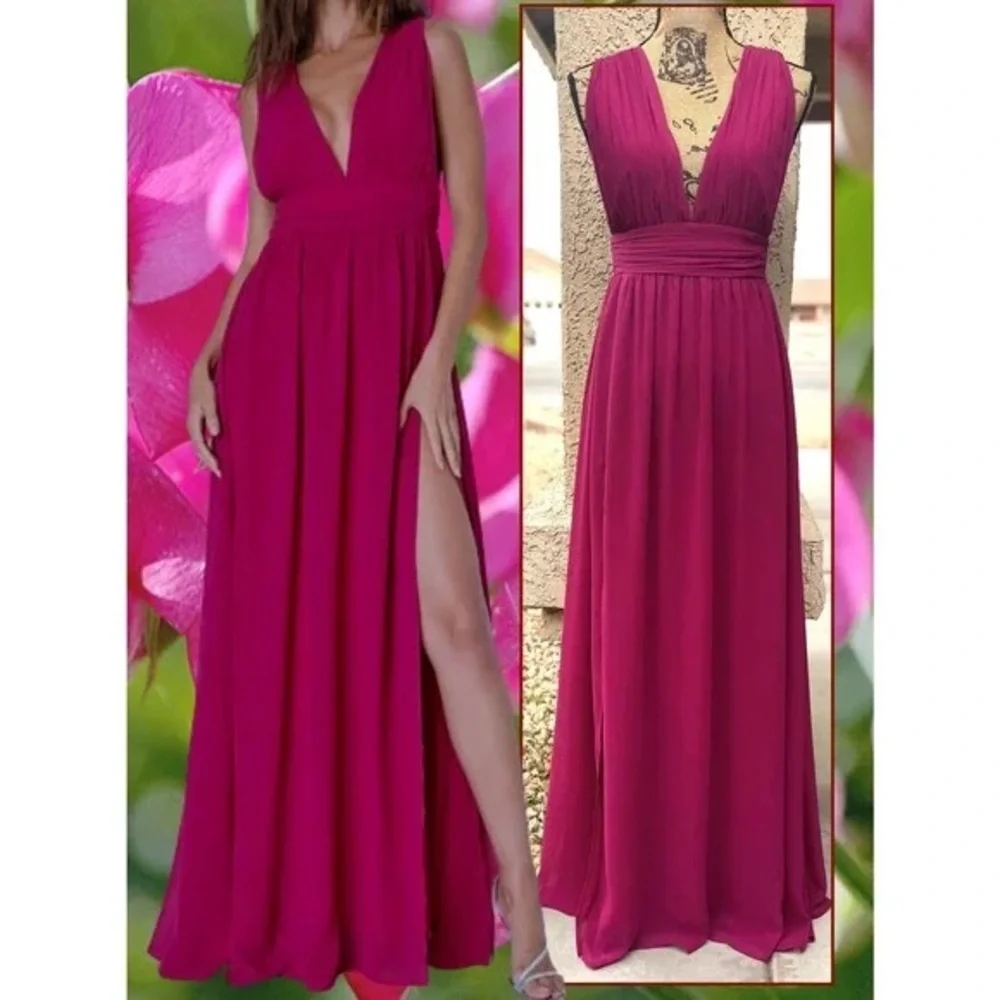 Lulu's Fuchsia Plunge V-Neck Maxi Dress with High Slit - Picture 7 of 11